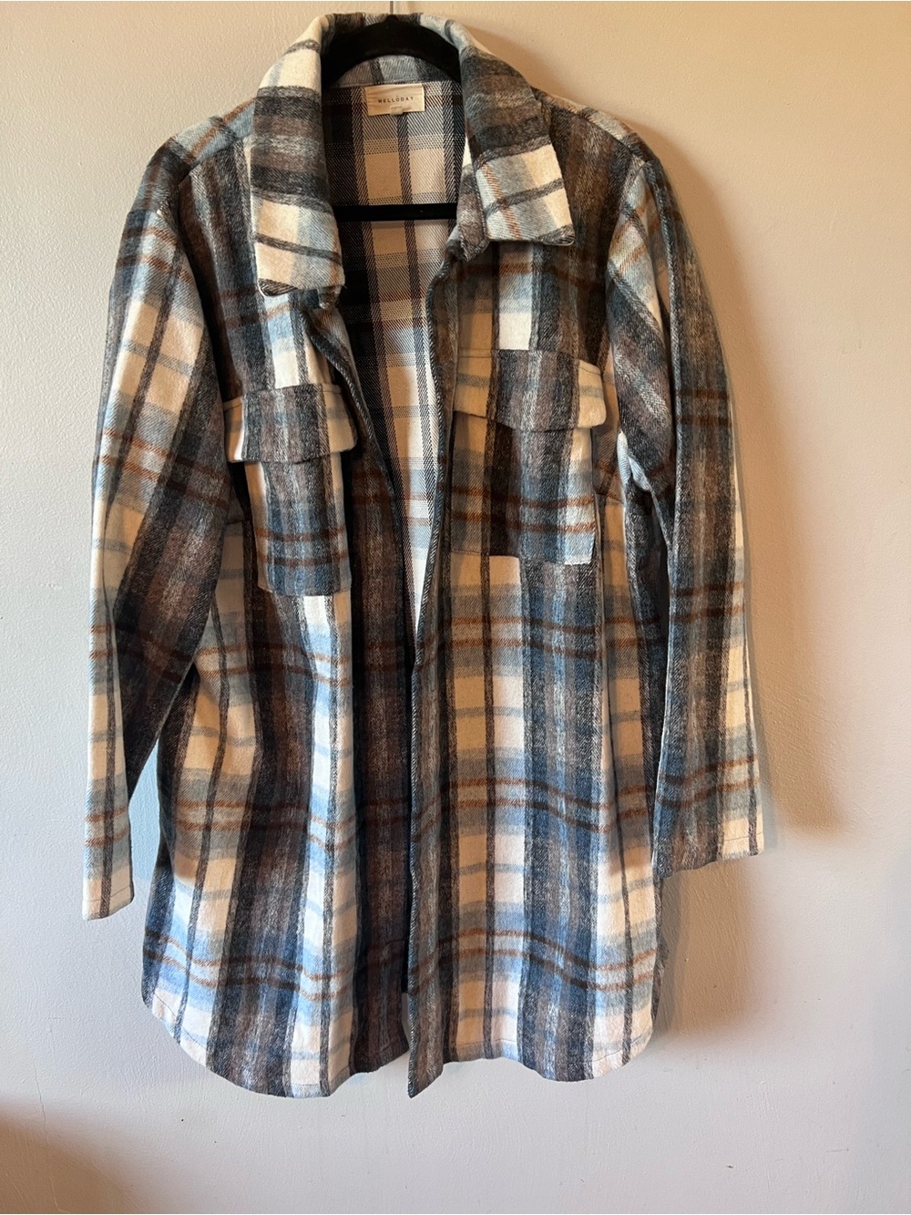 MELLODAY Plaid Shacket in Cream, Brown & Blue